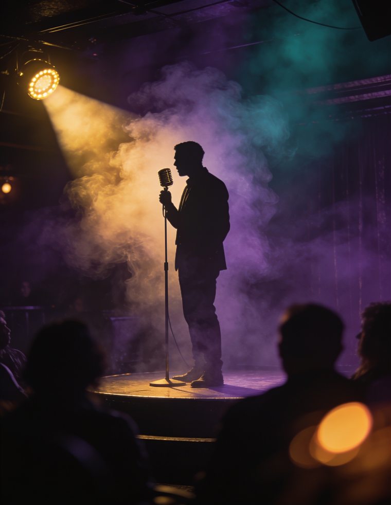 Affiche générée par l'agent : soirée stand-up, comédien en silhouette sous un projecteur